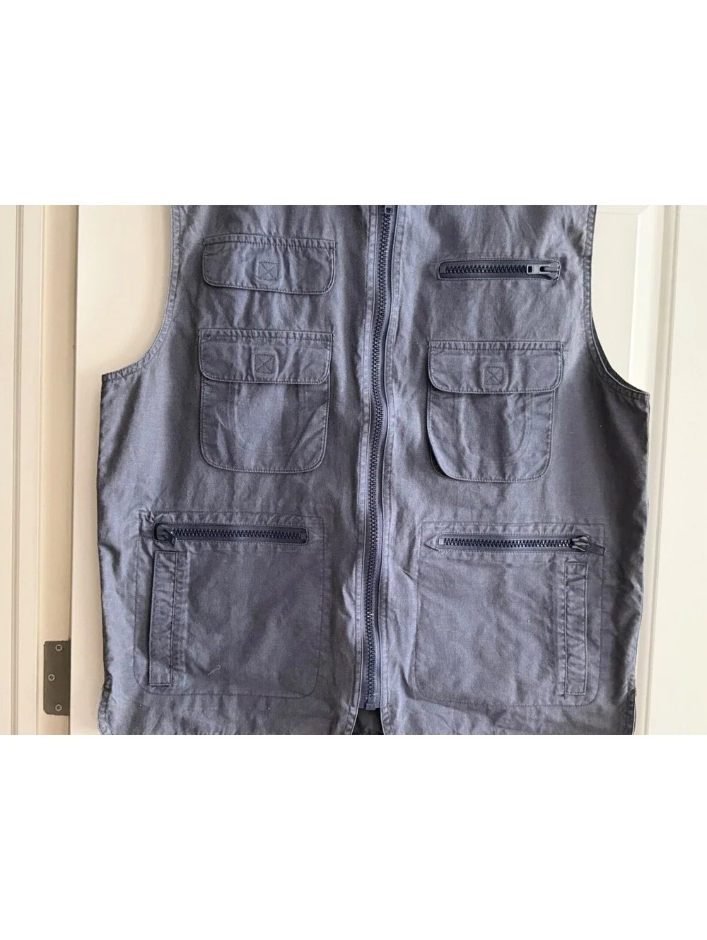 Vintage 80s Banana Republic Safari Bush Vest Hidden Hood Mill Valley Tag L Blue